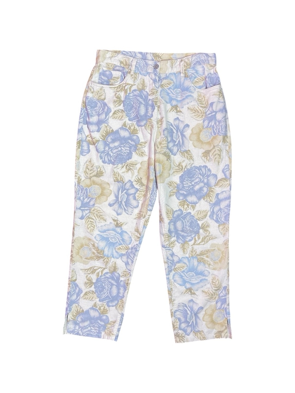 Vintage Bill Blass Floral Linen Blend Pants Women's 8 US Beige Blue